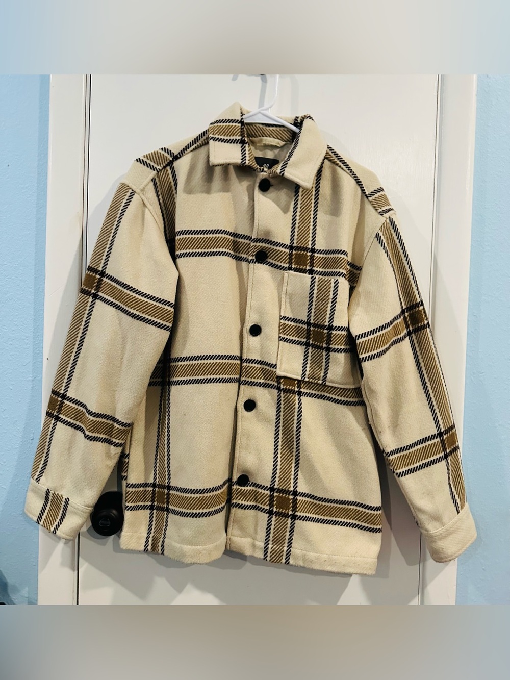 H&M relaxed fit Women Plaid Button-Up Shacket Jacket Cream & Brown size SMALL